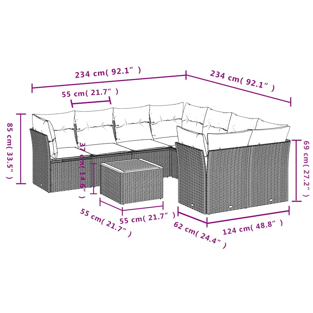 9-Delige Loungeset Met Kussens Poly Rattan